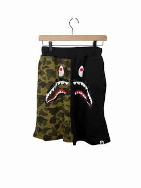 BAPE ABC Camo Shark Sweat Shorts Green Black Split Face A Bathing Ape